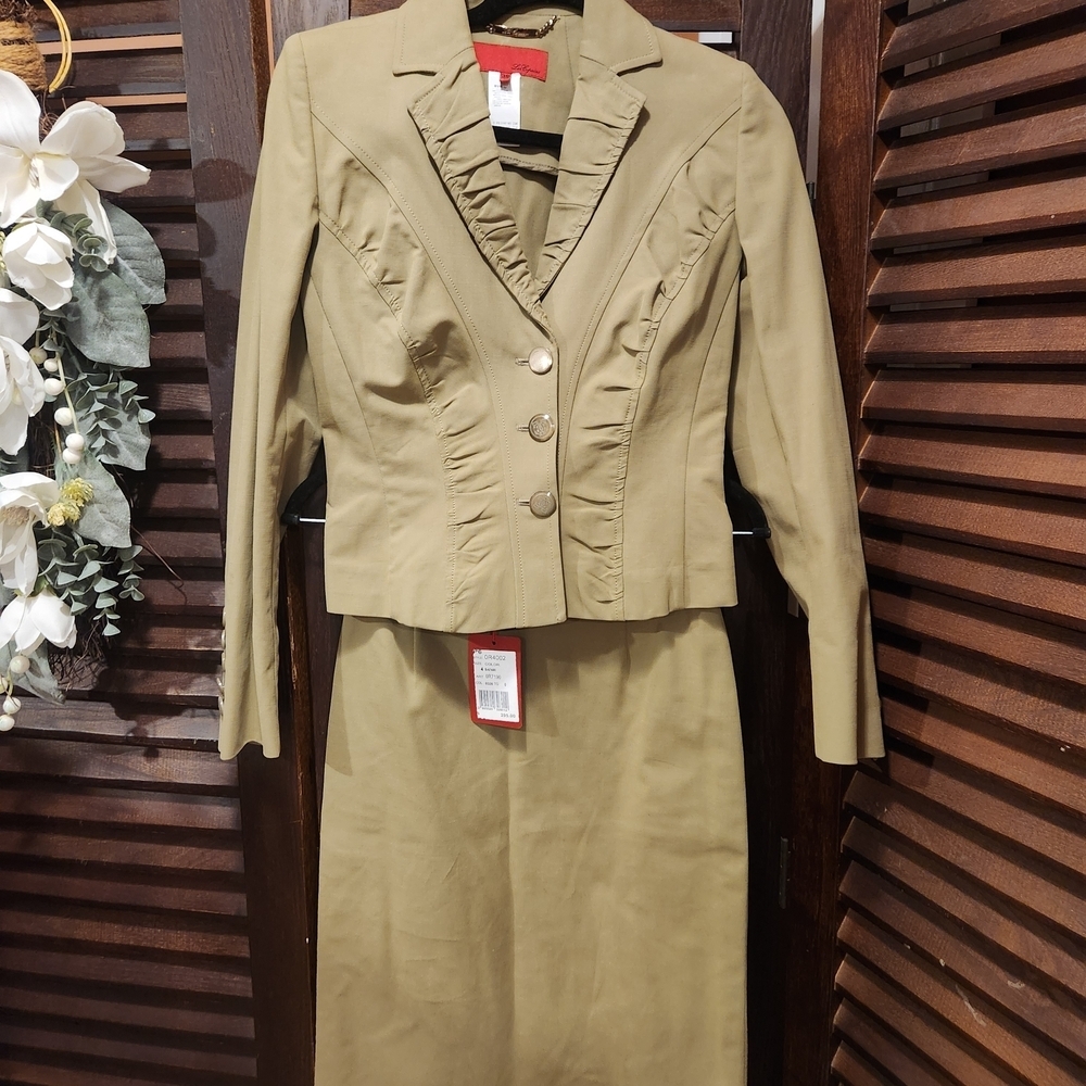 Les Copains Khaki Ruffle-Trim Pantsuit Jacket and Skirt